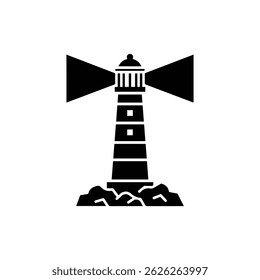Lighthouse on Rocky Shore with Light Rays Vertical Filled Scene Icon