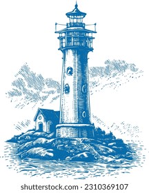 lighthouse on a rocky shore near the ocean vector engraving in one color on a white background