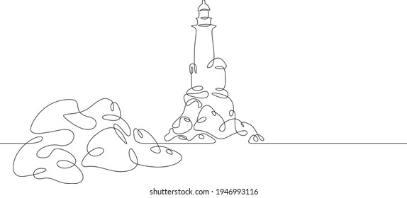 Lighthouse on the rocky shore of the sea bay. One continuous drawing line  logo single hand drawn art doodle isolated minimal illustration.