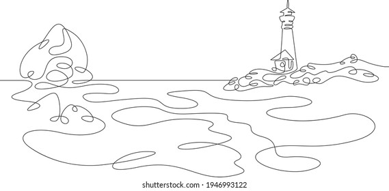 Lighthouse the rocky shore the sea bay  One continuous drawing line  logo single hand drawn art doodle isolated minimal illustration 