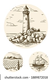 A lighthouse on a rocky shore and a ship on the horizon. Hand drawn sketch. Vintage style. Color vector illustration .
