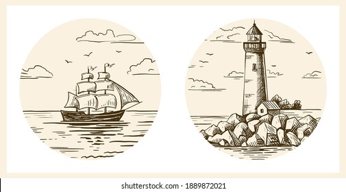 A lighthouse on a rocky shore and a ship on the horizon. Hand drawn sketch. Vintage style. Color vector illustration .