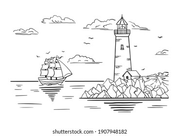 A lighthouse on a rocky shore and a ship on the horizon. Hand drawn sketch. Vintage style. Black and white vector illustration isolated on white background.