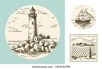 A lighthouse on a rocky shore and a ship on the horizon. Hand drawn sketch. Vintage style. Color vector illustration .