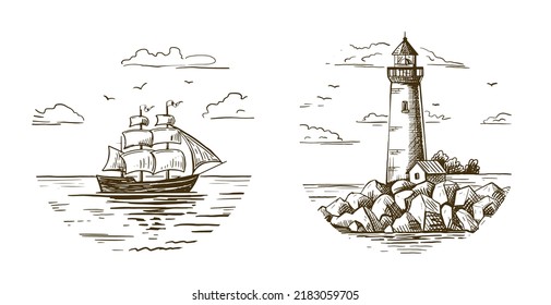 Un faro en una orilla rocosa y un barco en el horizonte. Esbozo dibujado a mano. Estilo vintage. Ilustración vectorial aislada en fondo blanco.