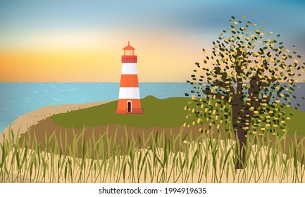 Faro en una playa de arena, césped y árboles, hermosa puesta de sol en el mar.