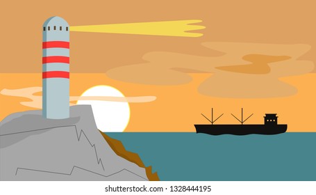 lighthouse on a sea cape at the sunset, vector illustration