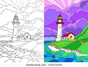 Lighthouse on the sea coast with cloud sky stock vector illustrstion for coloring book page and mosaic