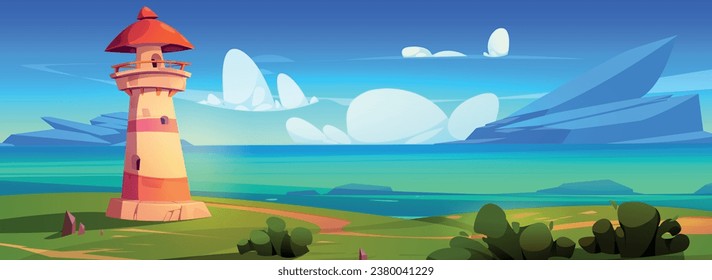 Lighthouse on sea coast landscape vector illustration. Coastline with light house and seascape view. Navigation beacon building in peaceful environment with green grass, blue sky and water panorama