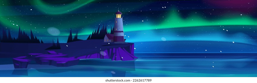 Lighthouse on sea coast. Starry night landscape of ocean beach with beacon and building on cliff. Vector cartoon illustration of seascape with nautical navigation tower, light house, sky with aurora