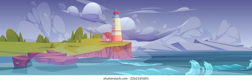 Lighthouse on sea coast in storm. Summer landscape of ocean beach with beacon and building on cliff. Vector cartoon illustration, seascape with nautical navigation tower. Ocean shore with light house