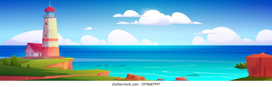 Lighthouse on sea coast. Summer landscape of ocean beach with beacon and building on cliff. Vector cartoon illustration of seascape with nautical navigation tower. Ocean shore with light house