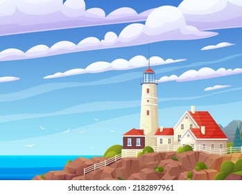 Lighthouse on sea coast. Summer landscape of ocean beach with beacon on cliff. Scenery of nature with sea and building. Lighthouse on bank, rocks and plants. Scenic landscape, view of beacon