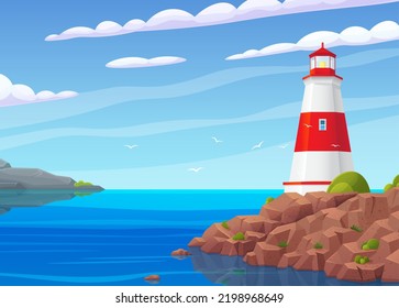 Lighthouse on sea coast. Summer landscape of ocean beach with beacon on cliff. Scenery of nature with sea and building. Lighthouse on bank, rocks and plants. Scenic landscape, view of beacon