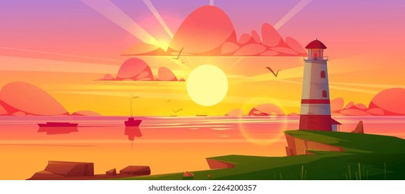 Lighthouse on sea coast. Summer sunset landscape of ocean beach with beacon, building on cliff. Vector cartoon illustration of seascape with nautical navigation tower. Ocean shore with light house