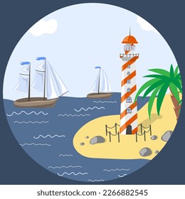 Lighthouse on sea coast. Summer landscape of ocean beach with beacon and sailing boats on sea. Vector cartoon illustration. Ocean shore with light house