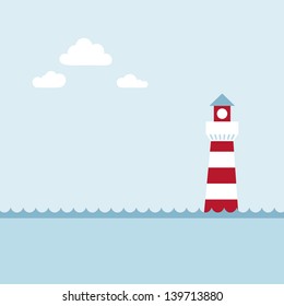 Lighthouse on the sea fairy shore. Vector illustration.