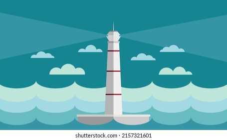 Lighthouse on Sea Flat Design Vector. Illustration in cold colors with sea and clouds