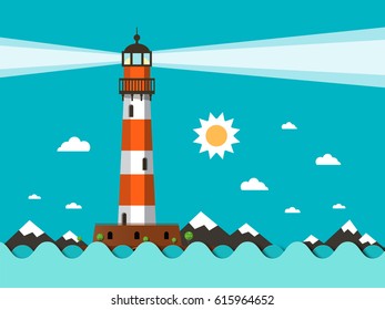 Lighthouse on Sea Flat Design Vector