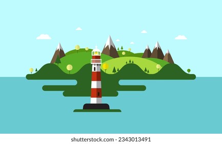Lighthouse on sea with island on background - vector