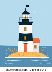 Lighthouse on sea landscape with gulls and sky. Seaside with blue water, clouds on sky, lighthouse building. Vector illustration of beacon seascape background in flat cartoon style. Summer time banner