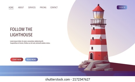 Lighthouse on the sea rock. Maritime, sea coast, marine life, nautical concept. Vector illustration. Website, banner template.