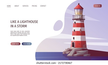 Lighthouse on the sea rock. Maritime, sea coast, marine life, nautical concept. Vector illustration. Website, banner template.