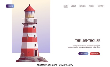 Lighthouse on the sea rock. Maritime, sea coast, marine life, nautical concept. Vector illustration. Website, banner template.