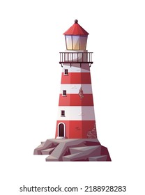 Lighthouse on the sea rock. Maritime, sea coast, marine life, nautical concept. Vector illustration. 