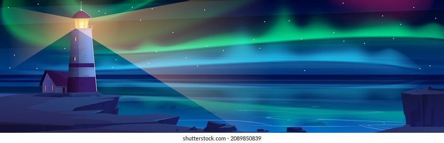 Lighthouse on sea shore with aurora borealis shining at night sky. Scenery nature ocean landscape with beacon building glowing and polar lights iridescent illumination, Cartoon vector illustration