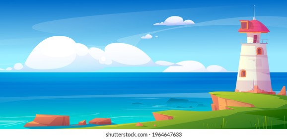 Lighthouse on sea shore, beacon building at scenery nature ocean landscape with blue water and rocky coast under cloudy sky. Nautical seafarer, marine safety sailing light, Cartoon vector illustration