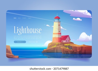 Lighthouse on sea shore cartoon landing page, beacon building at scenery nature ocean landscape with blue water and rocky coast. Nautical seafarer, marine safety sailing light, vector web banner