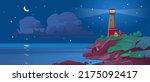 Lighthouse on a sea shore at night in summer. Landscape view of an ocean beacon on a hill with glowing light in a bay with moon and stars in the sky. Cartoon style vector illustration.