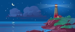 Lighthouse On A Sea Shore At Night In Summer. Landscape View Of An Ocean Beacon On A Hill With Glowing Light In A Bay With Moon And Stars In The Sky. Cartoon Style Vector Illustration.