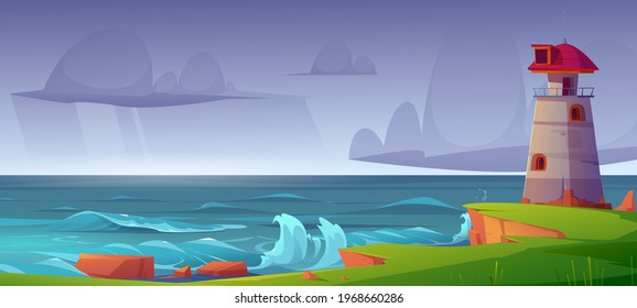 Lighthouse on sea shore at storm, beacon building at scenery nature ocean landscape with splashing water waves and rocky coast under dull cloudy sky. Nautical seafarer, Cartoon vector illustration