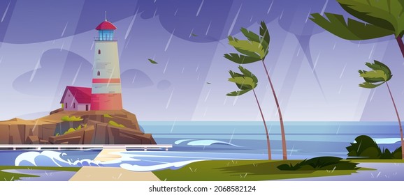 Lighthouse On Sea Shore At Storm, Beacon Building At Disaster Nature Ocean Landscape With Rain, Splashing Water Waves And Bent Palm Trees At Coastline Under Dull Cloudy Sky Cartoon Vector Illustration