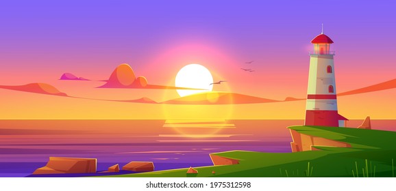Lighthouse on sea shore at sunset, beacon building at scenery dusk view, nature ocean landscape with rocky coast under cloudy sky with flying gulls. Nautical seafarer, Cartoon vector illustration