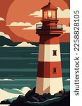 Lighthouse on the sea at sunset. Vector illustration in flat style. wall art print poster