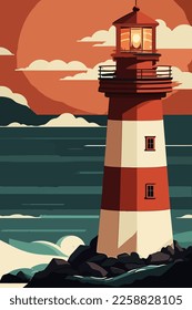 Lighthouse on the sea at sunset. Vector illustration in flat style. wall art print poster