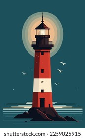 Lighthouse on the sea. Vector illustration in a flat style. wall art print poster