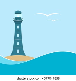 Lighthouse on sea wave background. Seascape. Vector illustration.