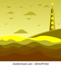 Lighthouse on the sea with yellow vibes. Vector Illustration.