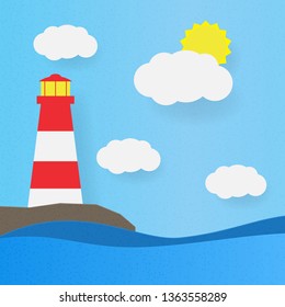 Lighthouse on the seashore, clouds and sun. Paper art vector illustration.