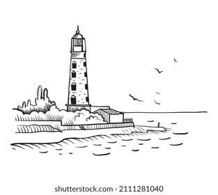 Lighthouse on the seashore contour sketch. Vector illustration.