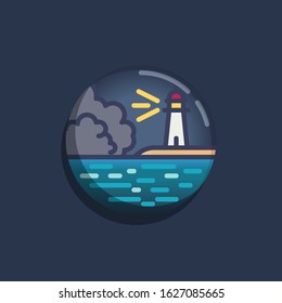 Lighthouse on a seashore flat icon. Round colorful button, Landscape with lighthouse by the sea circular vector sign. Flat style design