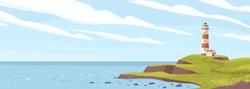 Маяк на берегу моря плоская векторная иллюстрация. Остров фарос, маяк, морской пейзаж, сигнальное здание на берегу моря. Пейзаж побережья с маяком. Символ надежды, ожидание, концепция одиночества.