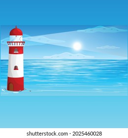 Lighthouse on seashore flat vector illustration. light house, seascape, signal building on seaside. Coastline landscape with beacon. Hope symbol, expectation, solitude concept.