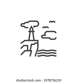 Lighthouse on seashore line icon. linear style sign for mobile concept and web design. Seascape with Lighthouse, sea and clouds outline vector icon. Symbol, logo illustration. Vector graphics