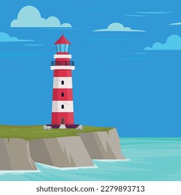 Faro a orillas del mar. ilustración del vector de navegación marina