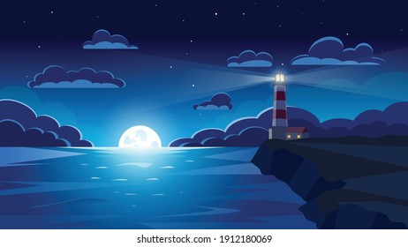 Lighthouse on seashore, night, night sky. 
 Vector illustration